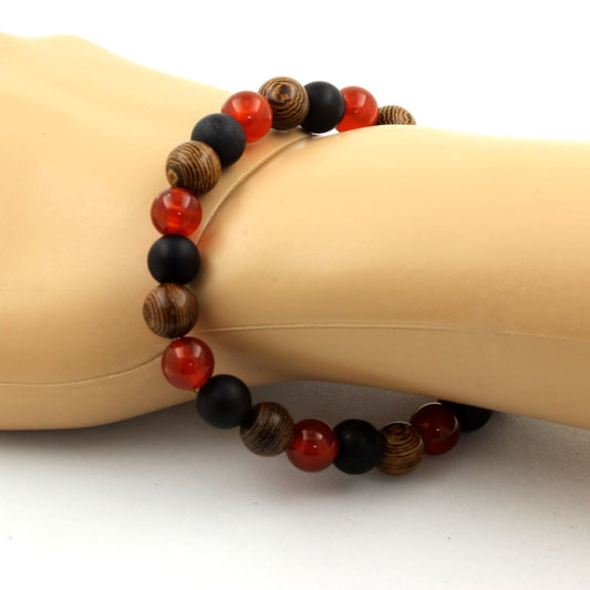 Agate Rouge + Onyx noir mat + bois Bracelet Perles