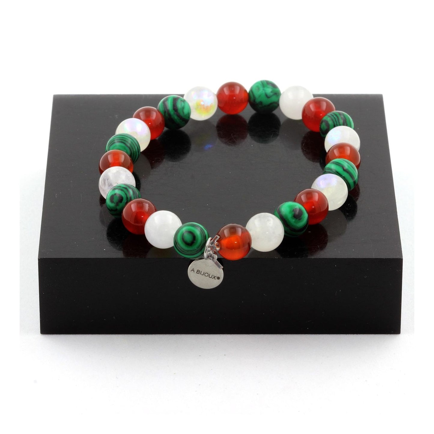 Agate Rouge + Pierre de lune + Malachite (avec résine). Bracelet en Perles naturelles