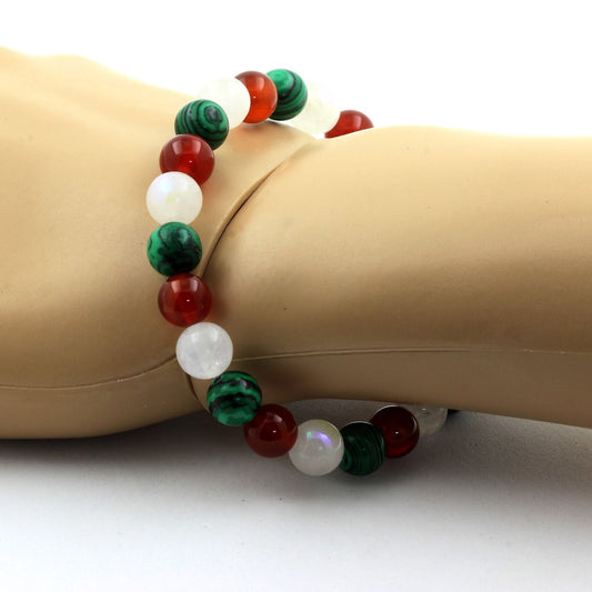 Agate Rouge + Pierre de lune + Malachite (avec résine). Bracelet en Perles naturelles