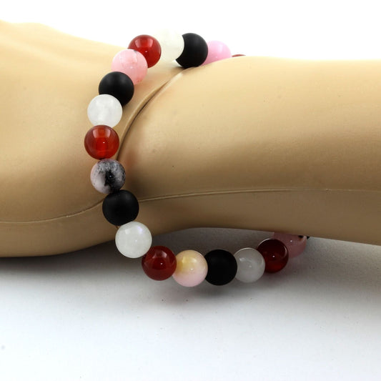 Agate Rouge + Pierre de lune + Onyx noir mat + Opale Rose. Bracelet en Perles naturelles