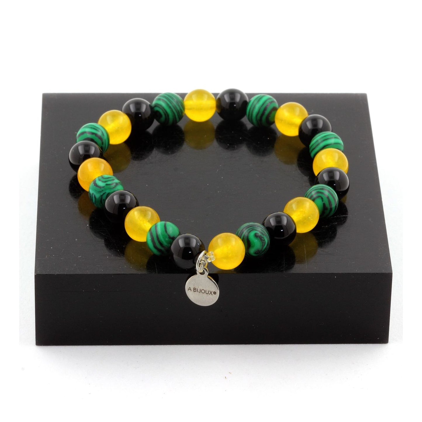 Agate jaune + Malachite (avec résine) + Agate noire. Bracelet Perles naturelles