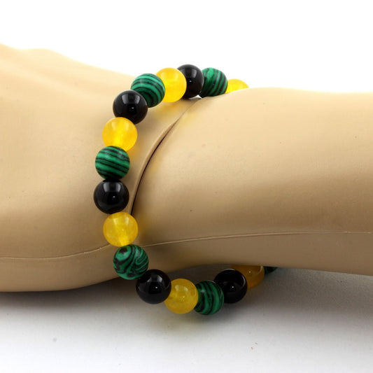 Agate jaune + Malachite (avec résine) + Agate noire. Bracelet Perles naturelles