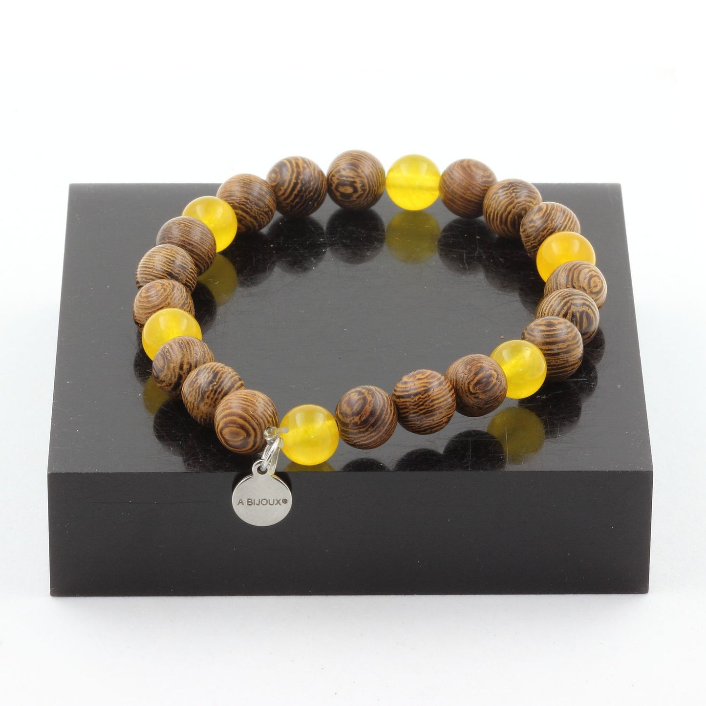 Agate jaune + bois. Bracelet Perles naturelles
