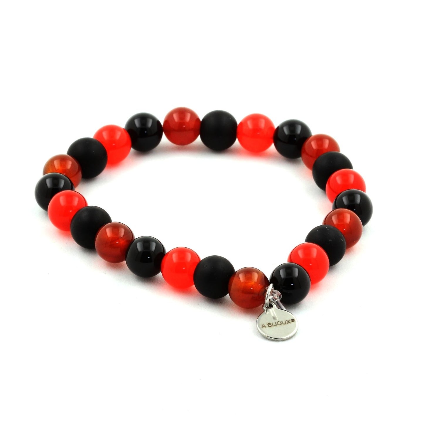 Agate noire + Calcédoine rouge + Agate Rouge + Onyx noir mat. Bracelet en Perles naturelles