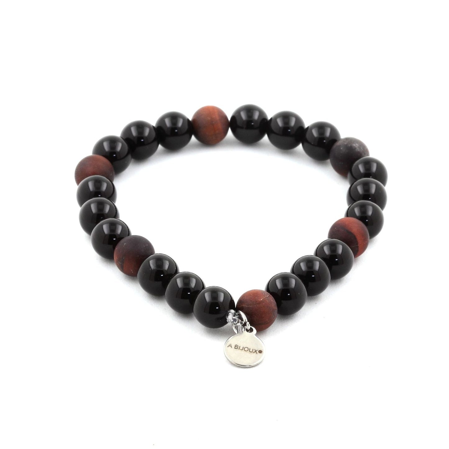 Agate noire + Oeil de Tigre rouge mat. Perles naturelles