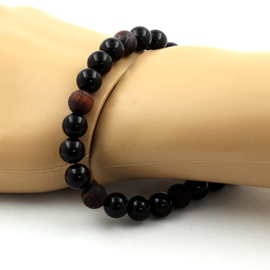 Agate noire + Oeil de Tigre rouge mat. Perles naturelles