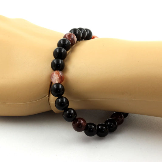 Agate noire + Quartz Hematoide de Madagascar. Bracelet Perles naturelles