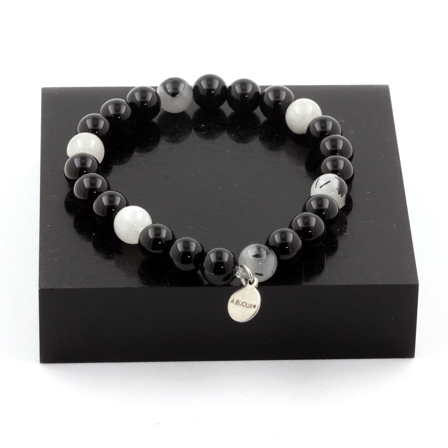 Agate noire + Quartz rutile noir. Bracelet Perles naturelles