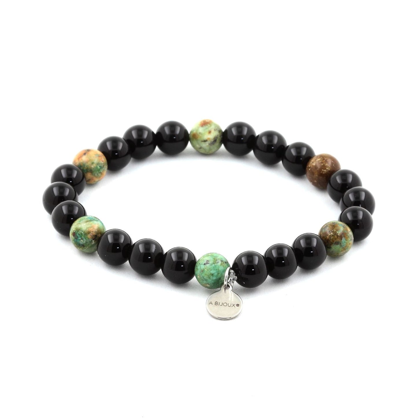 Agate noire + Turquoise du Pérou. Perles naturelles
