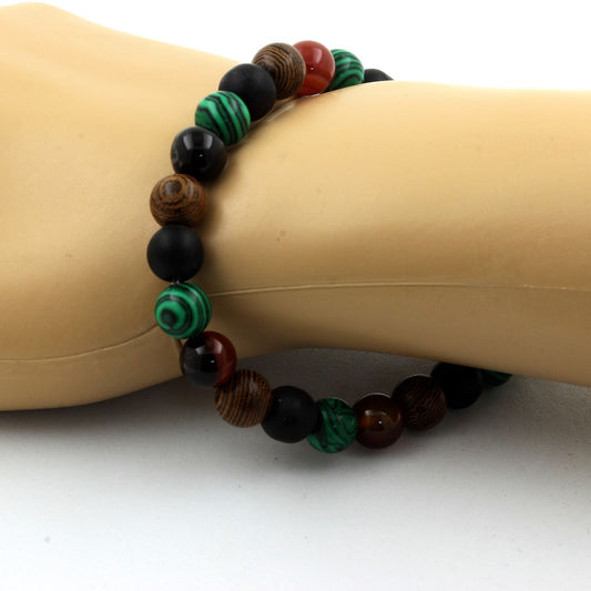 Agate rubanée + Onyx noir mat + Malachite (avec résine) + bois Bracelet Perles