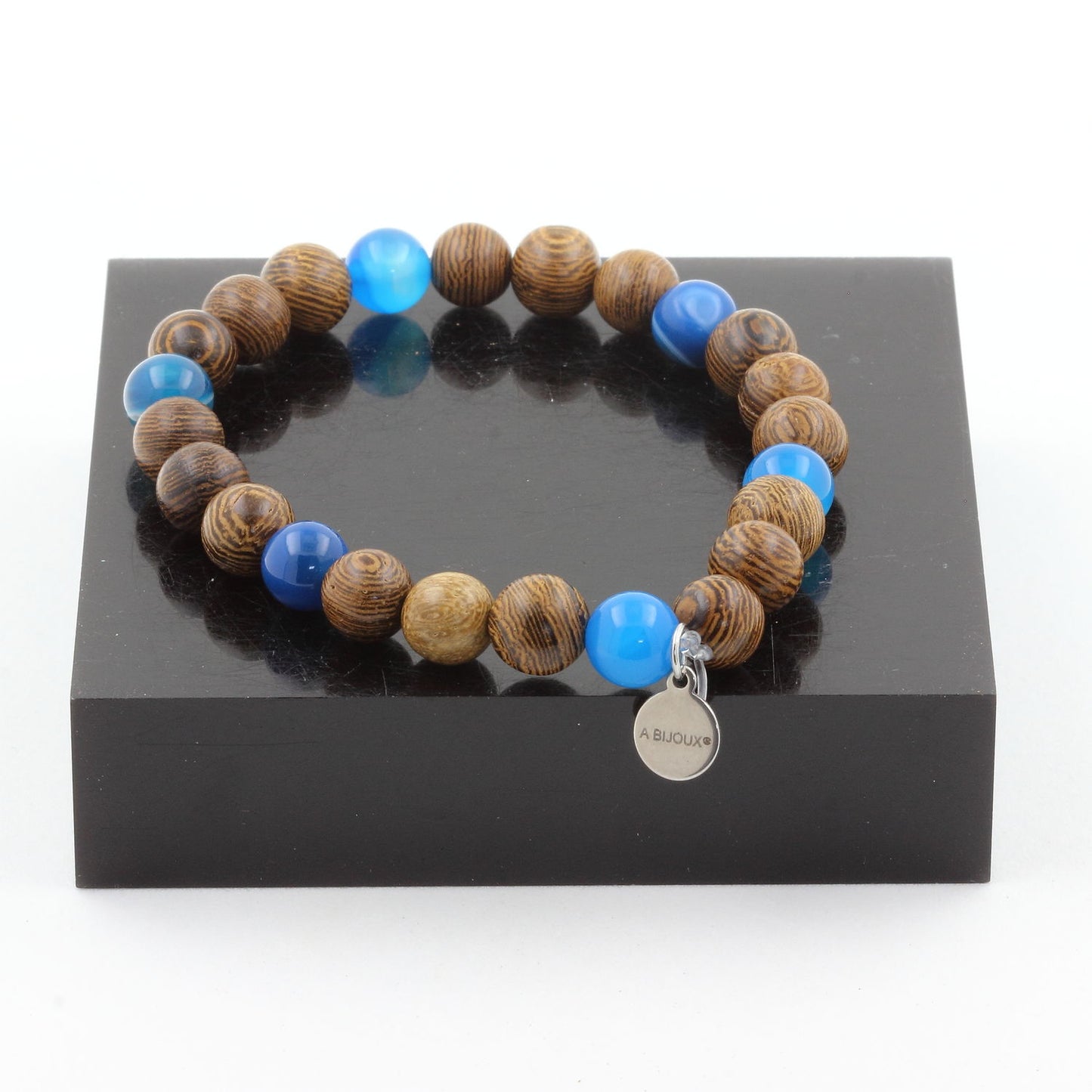 Agate rubanée bleu + bois. Bracelet Perles naturelles