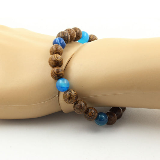 Agate rubanée bleu + bois. Bracelet Perles naturelles