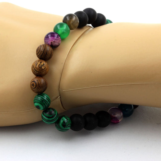 Agate rubanée multicolore + Malachite (avec résine) + Onyx noir mat + bois Bracelet Perles