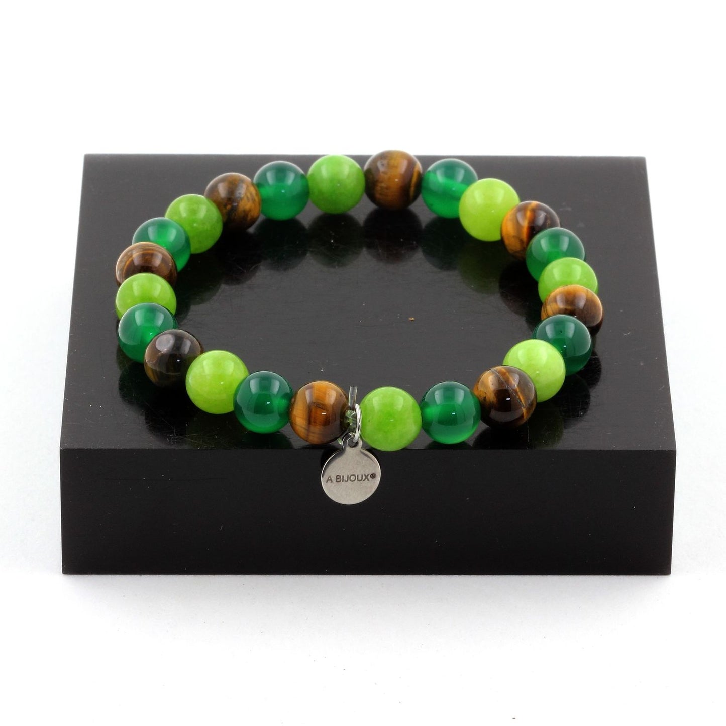 Agate verte + Oeil de Tigre + Péridot. Bracelet Perles naturelles