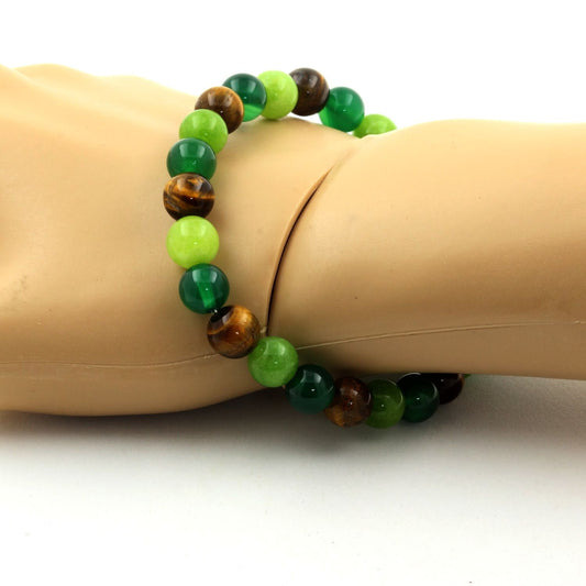 Agate verte + Oeil de Tigre + Péridot. Bracelet Perles naturelles