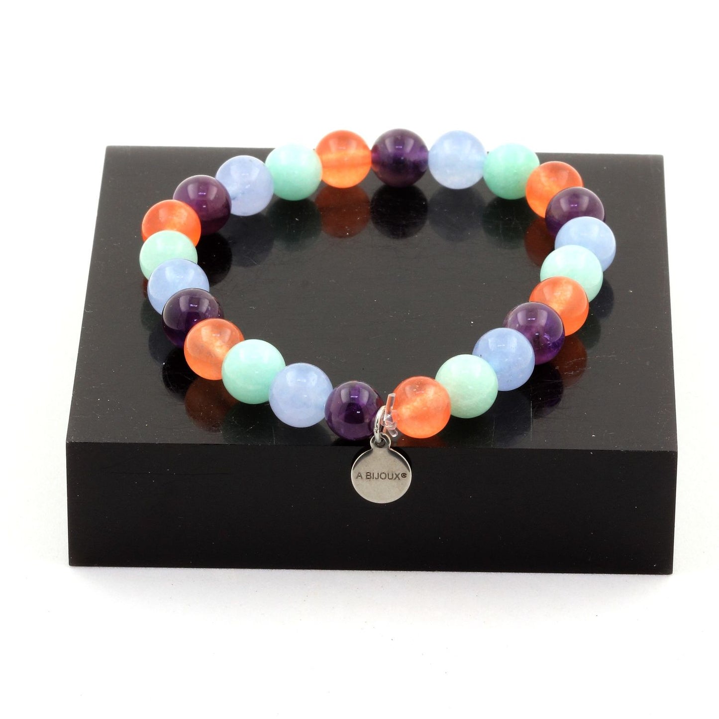 Aigue-Marine + Amazonite + Améthyste + Calcédoine orange. Bracelet Perles naturelles