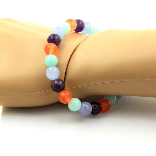Aigue-Marine + Amazonite + Améthyste + Calcédoine orange. Bracelet Perles naturelles