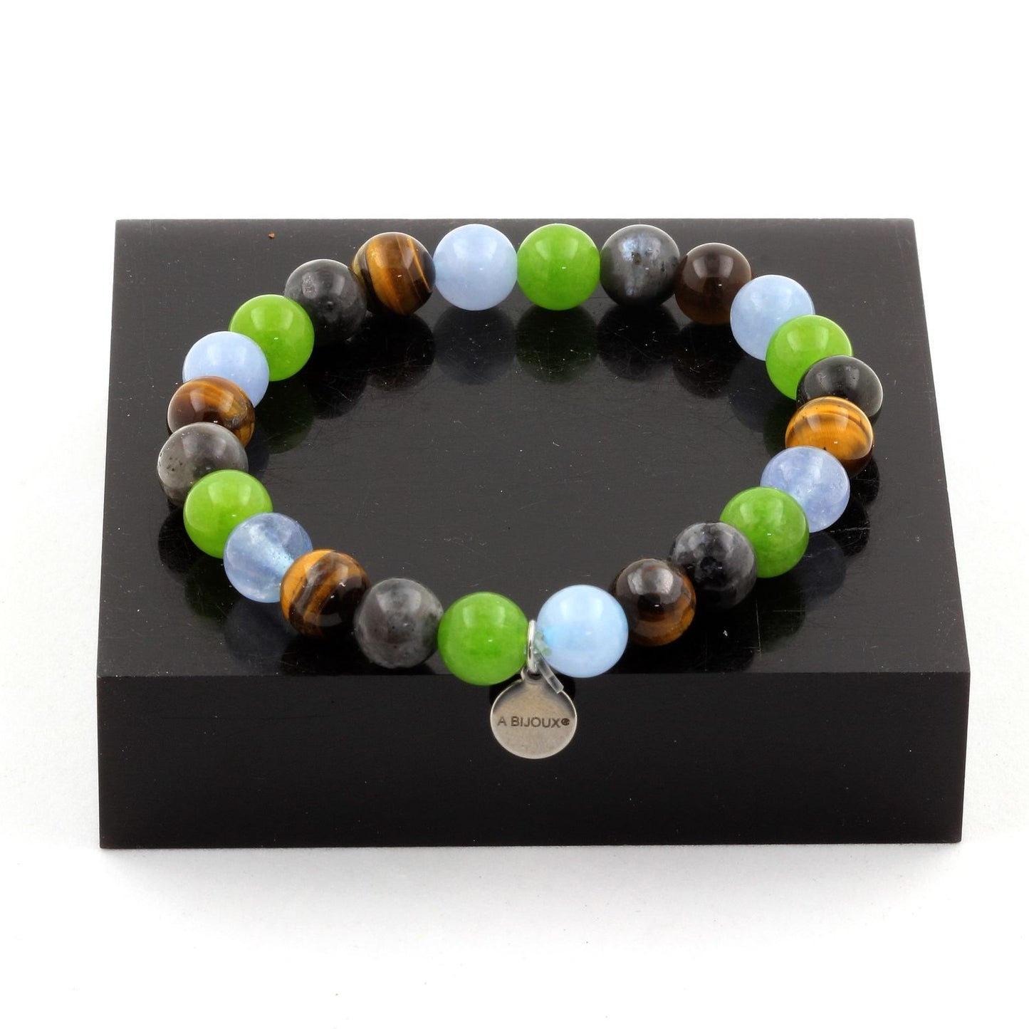 Aigue-Marine + Oeil de Tigre + Labradorite + Péridot. Bracelet Perles naturelles
