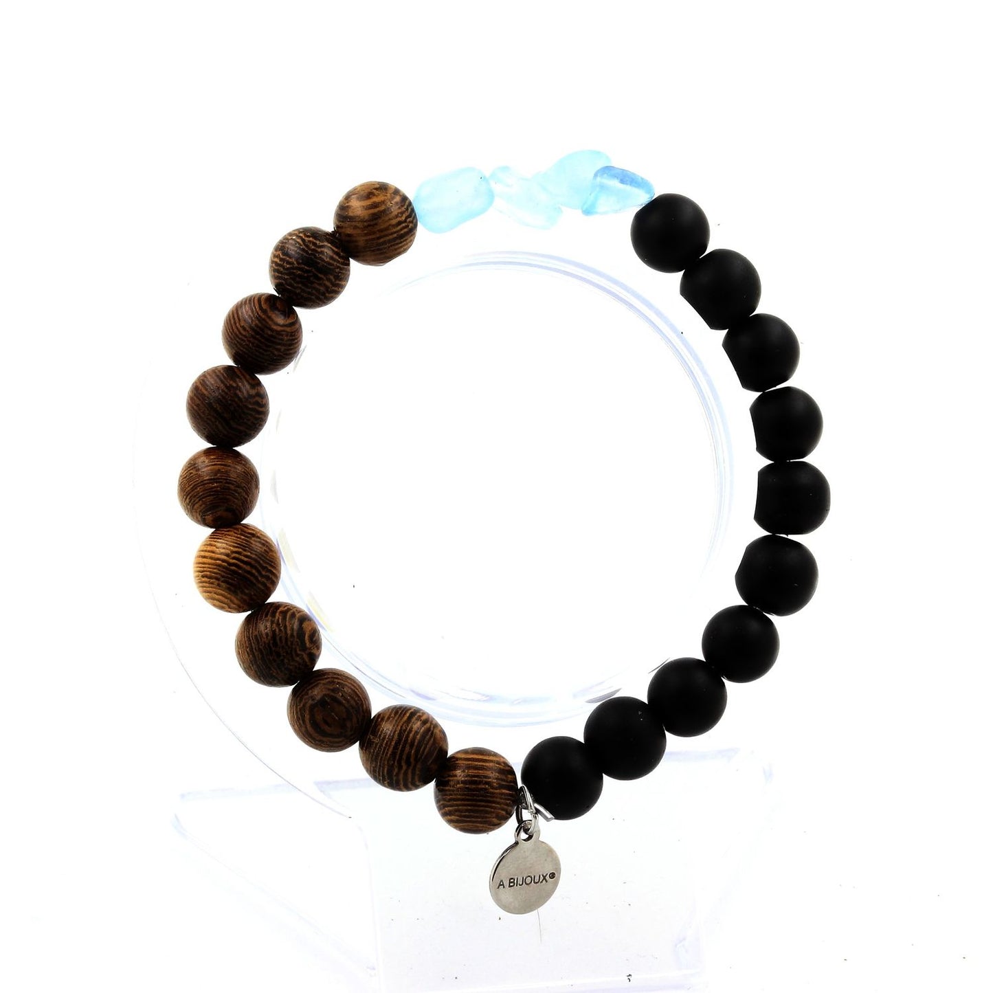 Aigue-Marine du Brésil + Perles Onyx noir mat + bois. Bracelet en Perles naturelles