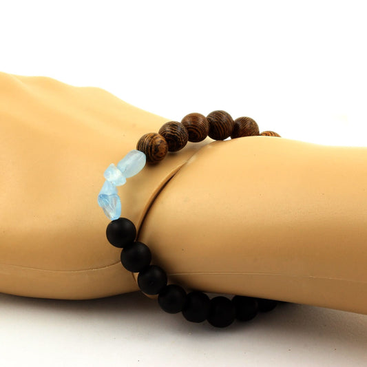 Aigue-Marine du Brésil + Perles Onyx noir mat + bois. Bracelet en Perles naturelles