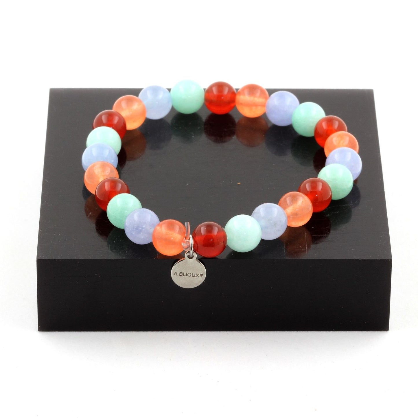 Amazonite + Calcédoine orange + Aigue-Marine + Agate Rouge. Bracelet Perles naturelles