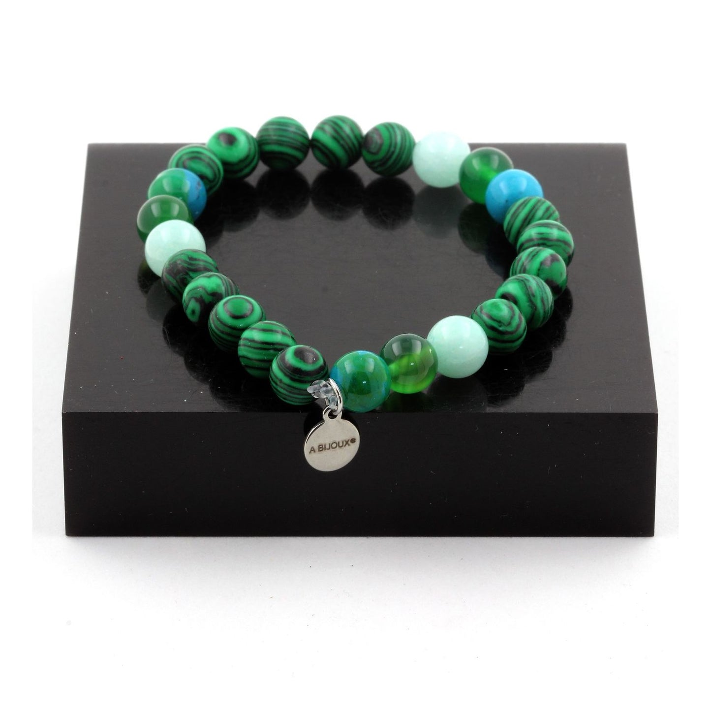 Amazonite + Chrysocolle + Malachite (avec résine) + Agate verte. Bracelet en Perles naturelles