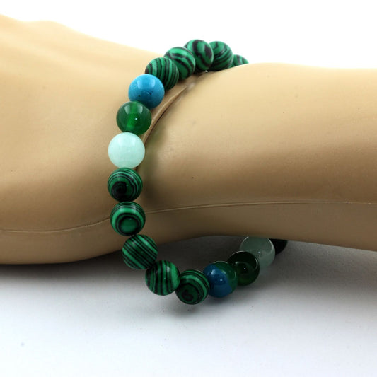 Amazonite + Chrysocolle + Malachite (avec résine) + Agate verte. Bracelet en Perles naturelles