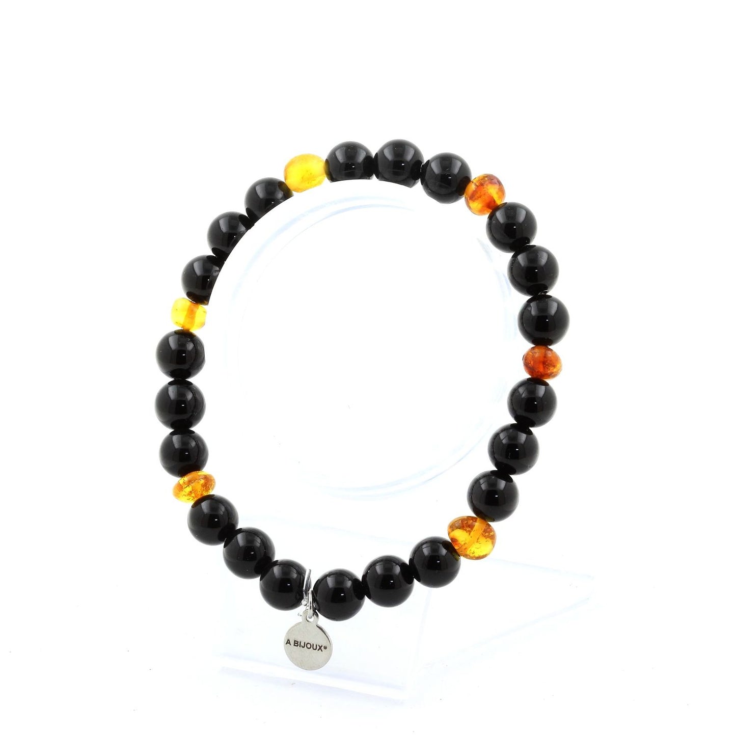 Ambre véritable de la mer Baltique + Agate noire. Bracelet Perles naturelles
