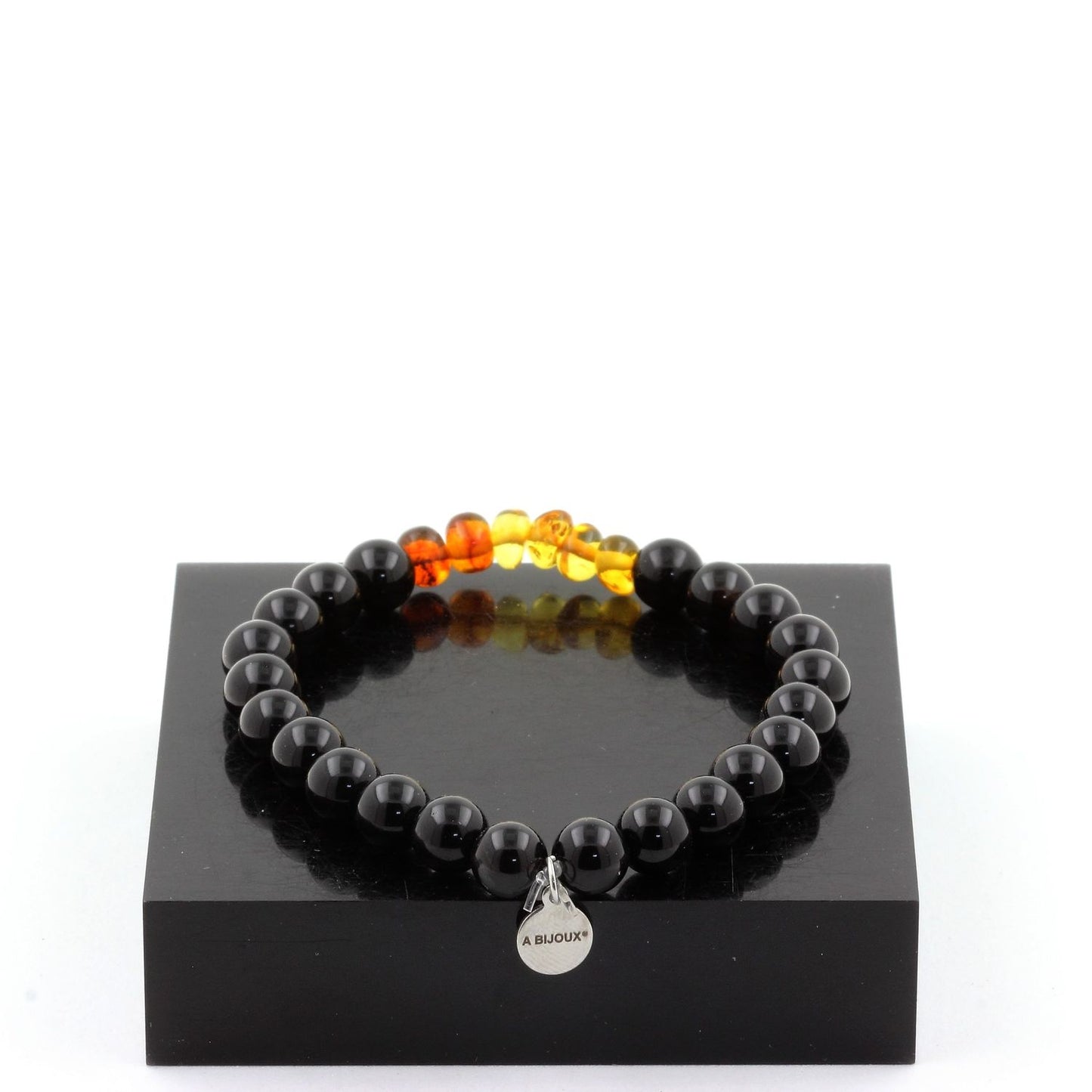Ambre véritable de la mer Baltique + Agate noire. Bracelet Perles naturelles