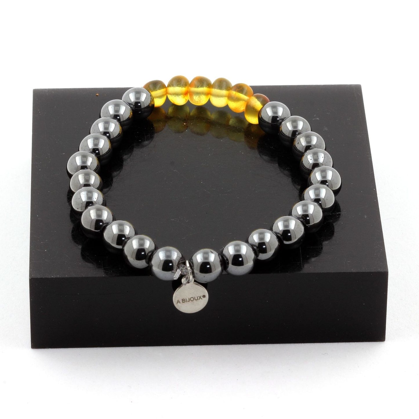 Ambre véritable de la mer Baltique + Hématite. Bracelet Perles naturelles