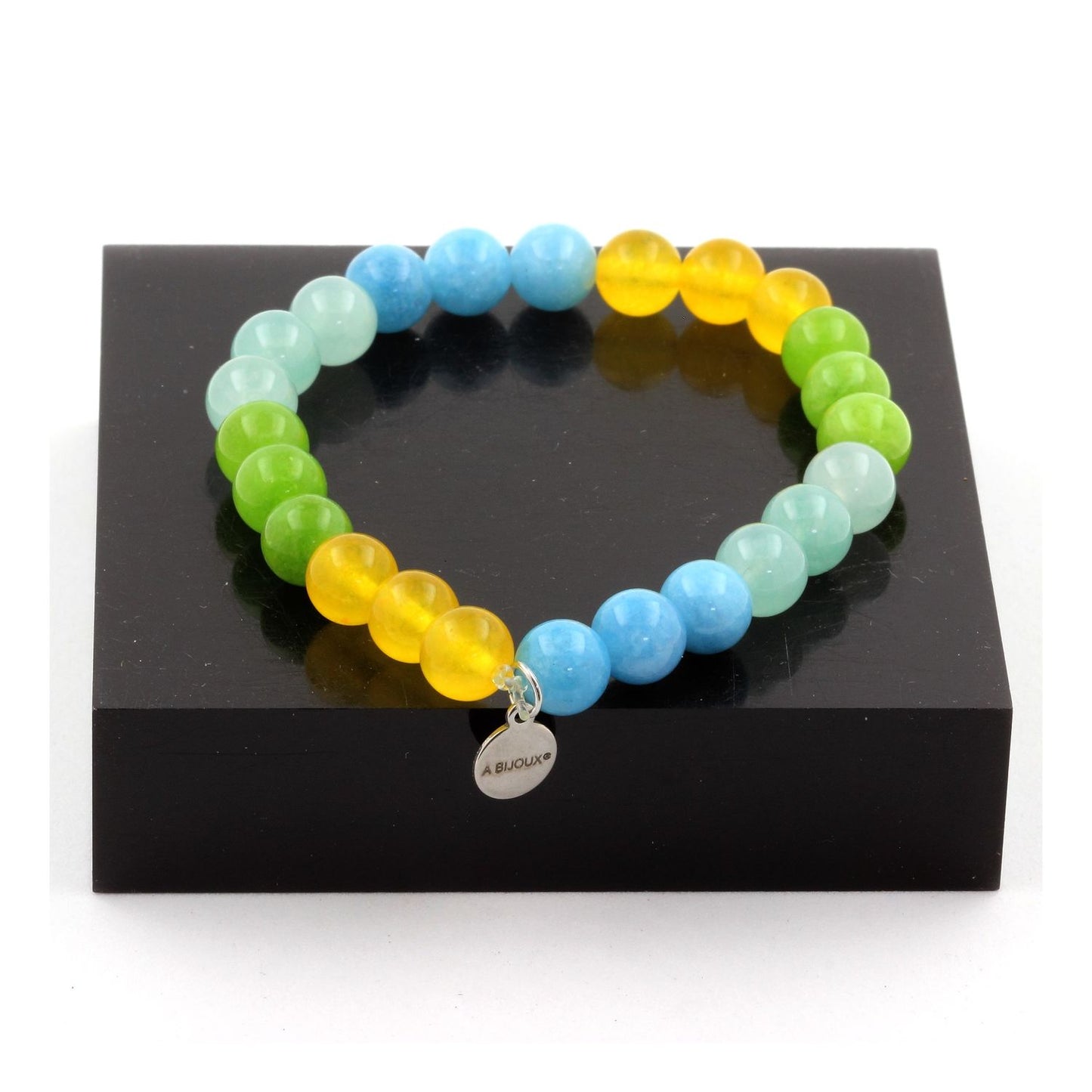 Angélite + Calcédoine bleu + Péridot + Agate jaune. Bracelet Perles naturelles