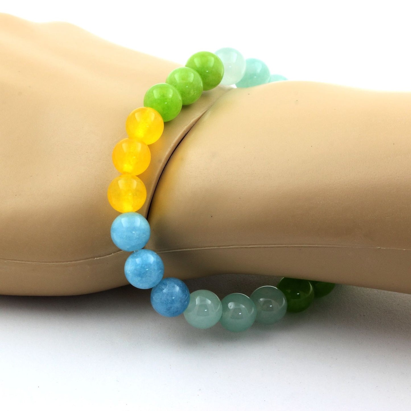 Angélite + Calcédoine bleu + Péridot + Agate jaune. Bracelet Perles naturelles