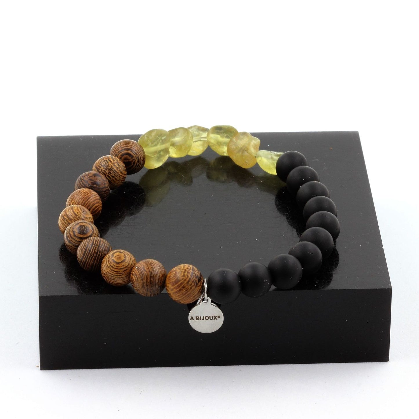 Apatite jaune de Madagascar + Perles Onyx noir mat + bois. Bracelet Perles