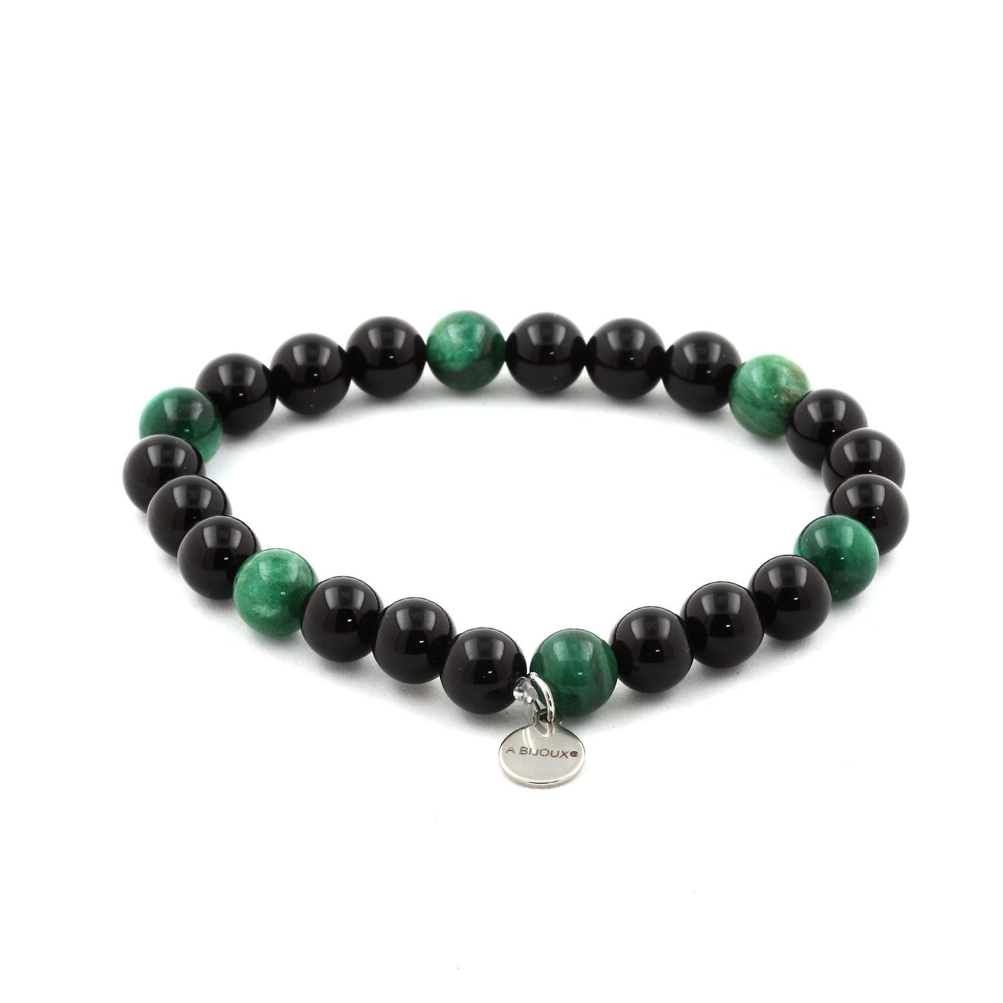 Bracelet Perles Agate noire + Mica vert de Tanzanie. Perles naturelles