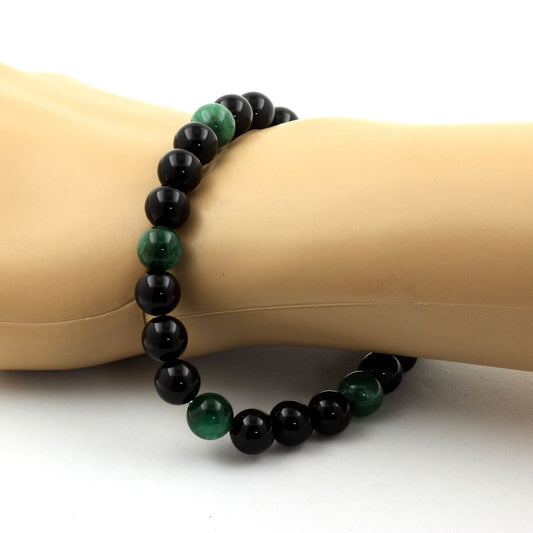 Bracelet Perles Agate noire + Mica vert de Tanzanie. Perles naturelles