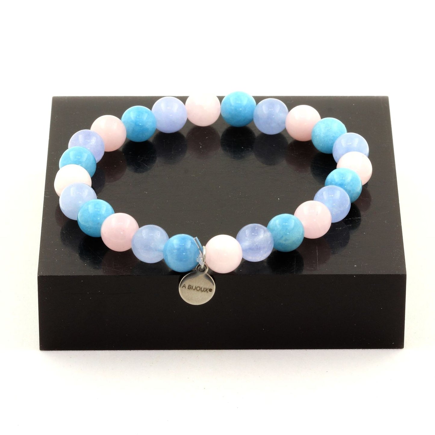 Calcédoine bleu + Aigue-Marine + Quartz rose. Bracelet Perles naturelles