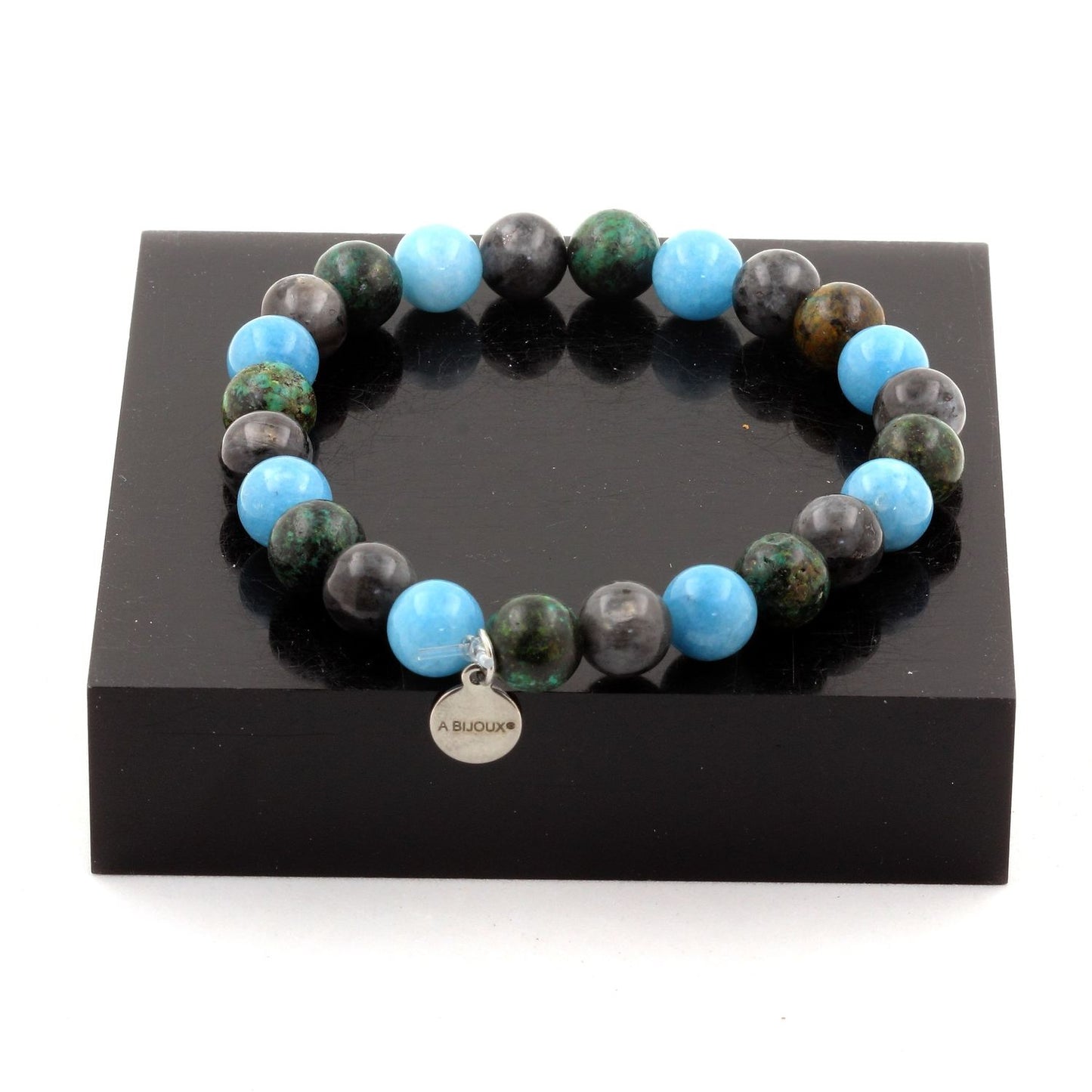 Calcédoine bleu + Labradorite + Turquoise Africaine. Bracelet Perles naturelles