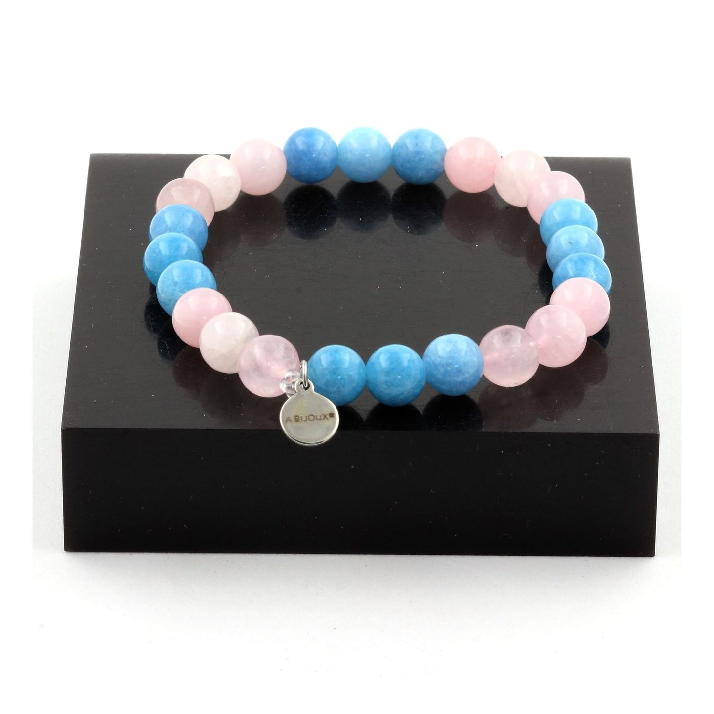 Calcédoine bleu + Quartz rose. Bracelet en Perles naturelles