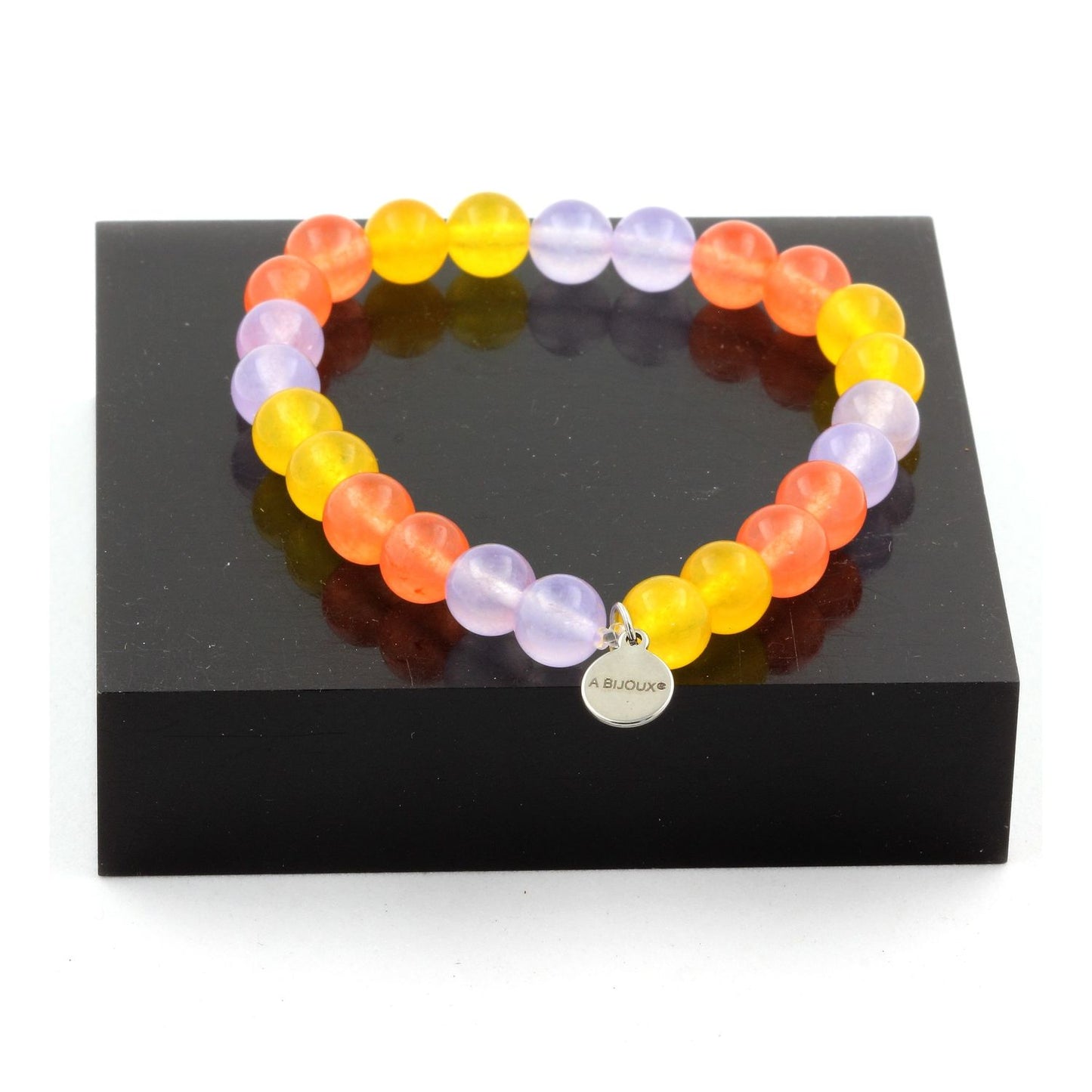 Calcédoine orange + Calcédoine lavande + Agate jaune. Bracelet Perles naturelles