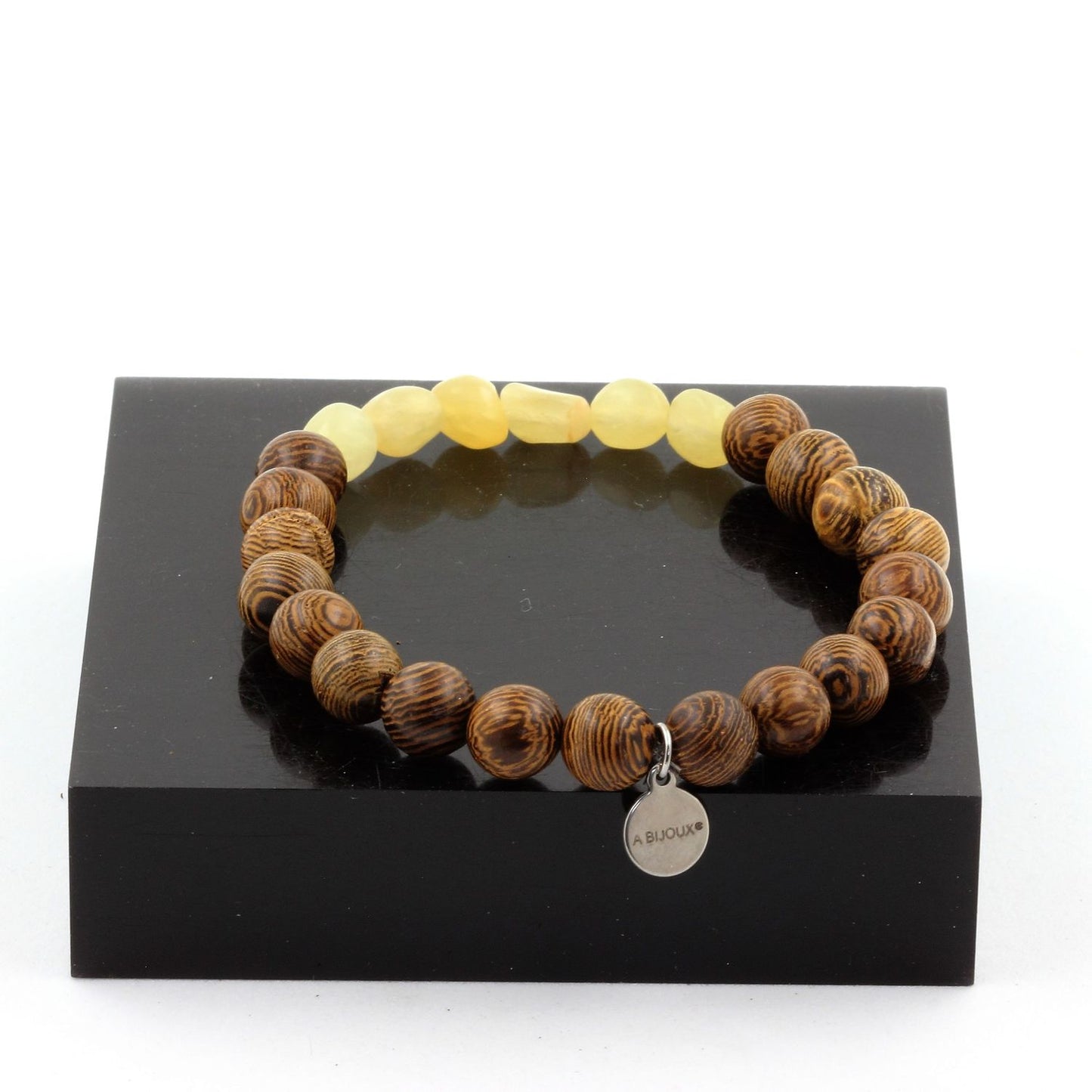 Calcite jaune du Royaume-Uni + Perles bois. Bracelet Perles