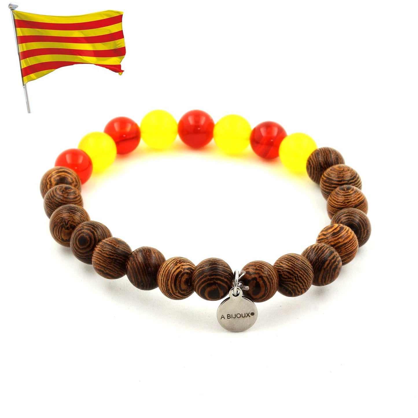 Bracelet Catalan Perles bois + Agate jaune + Agate Rouge. Perles naturelles