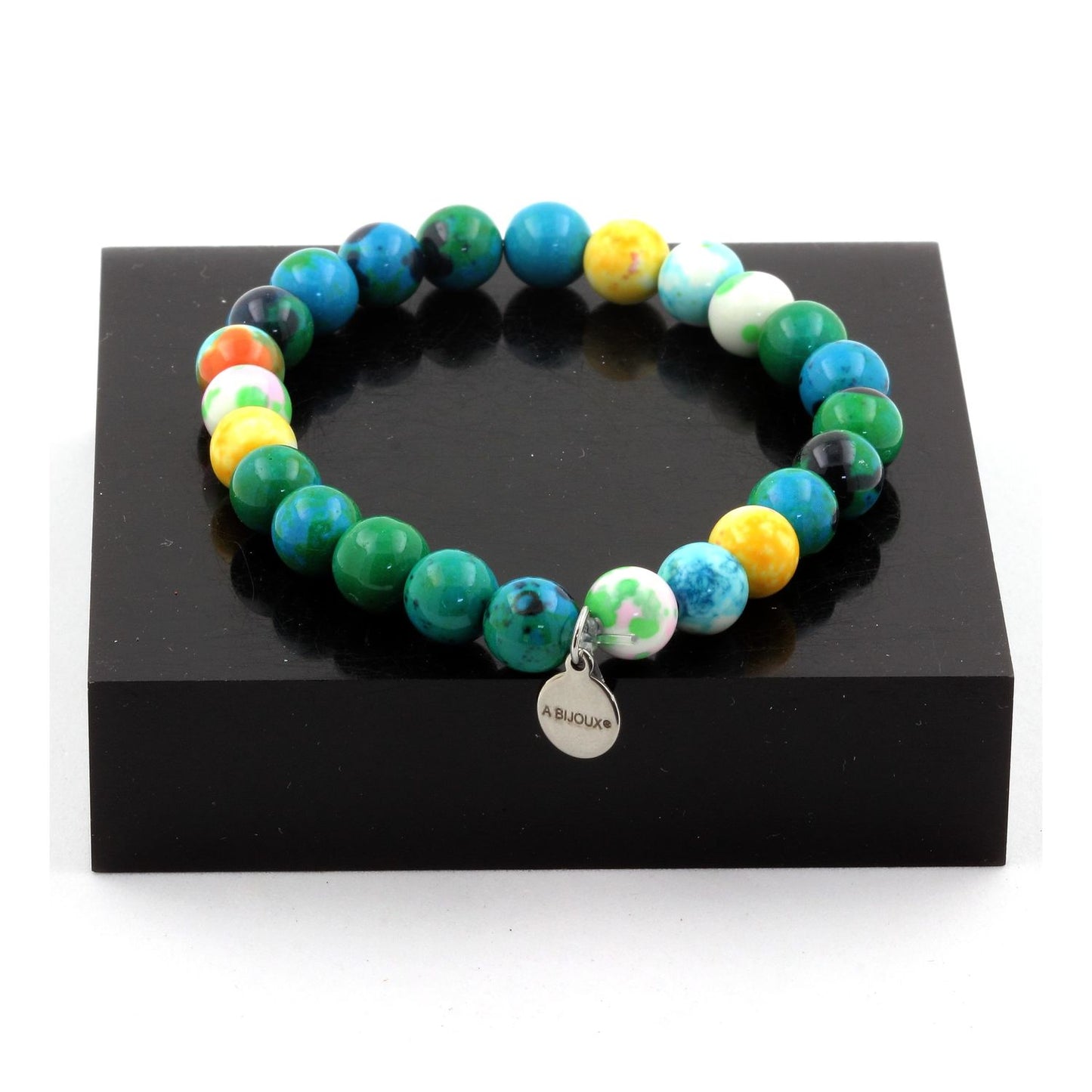 Chrysocolle + Jaspe orange bleu + Jaspe jaune violet + Jaspe vert rose. Bracelet en Perles naturelles