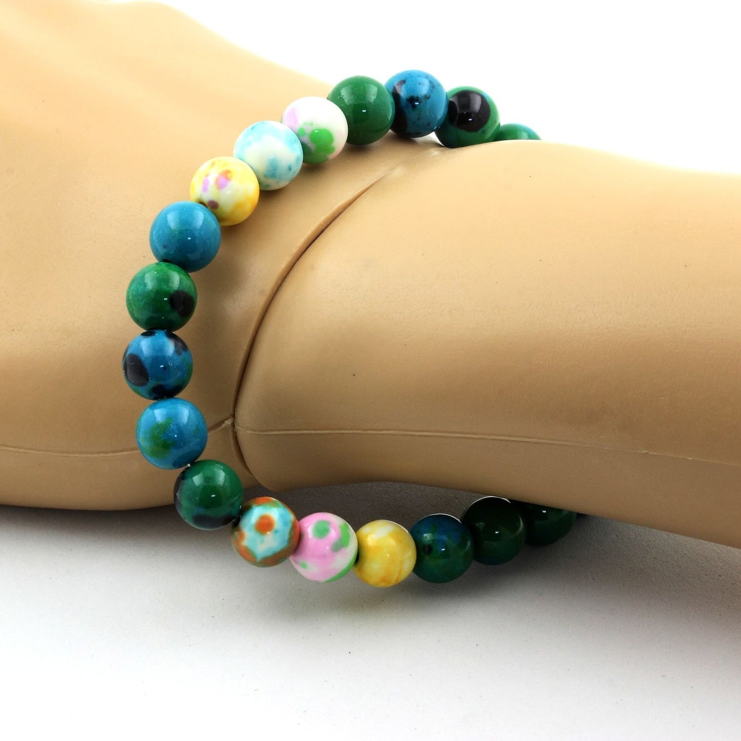 Chrysocolle + Jaspe orange bleu + Jaspe jaune violet + Jaspe vert rose. Bracelet en Perles naturelles