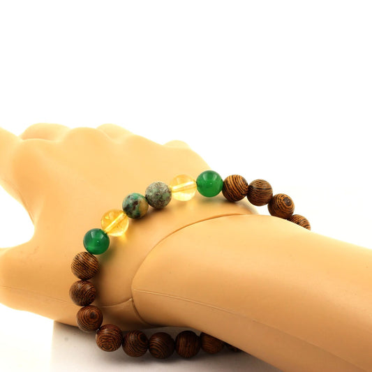 Chrysocolle de Namibie + Citrine + Agate verte + bois. Bracelet Perles naturelles