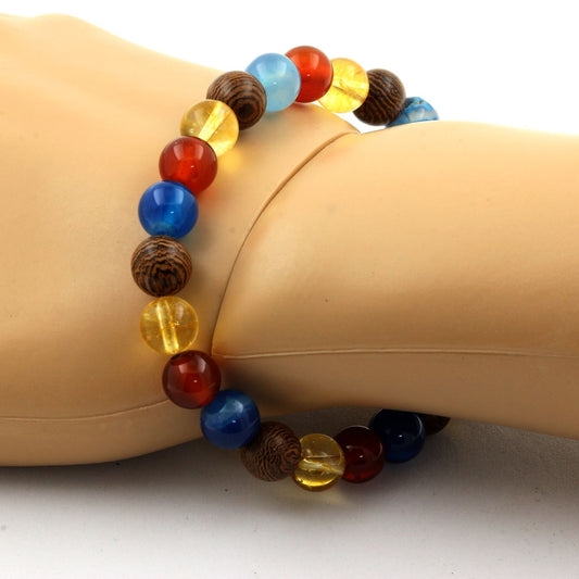 Citrine + Agate rubanée bleu + Agate Rouge + bois Bracelet Perles