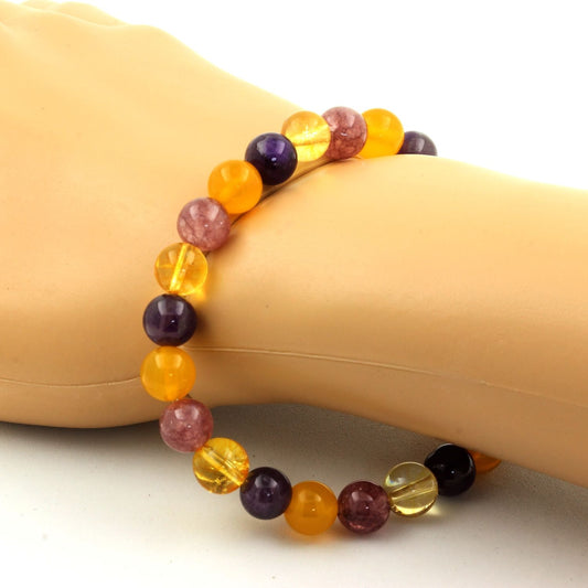 Citrine + Améthyste + Lépidolite + Agate jaune Bracelet Perles