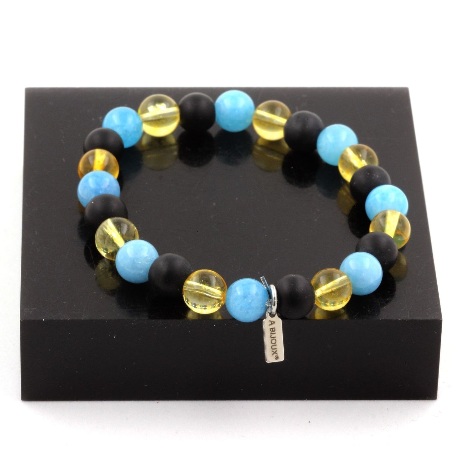 Citrine + Calcédoine bleu + Onyx noir mat Bracelet Perles