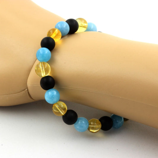 Citrine + Calcédoine bleu + Onyx noir mat Bracelet Perles