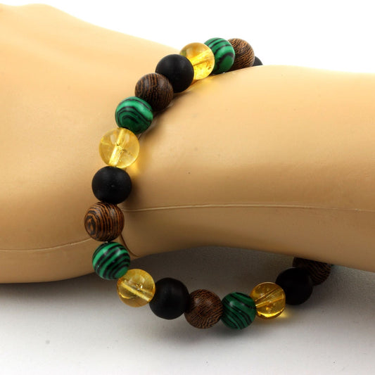 Citrine + Malachite (avec résine) + Onyx noir mat + bois Bracelet Perles