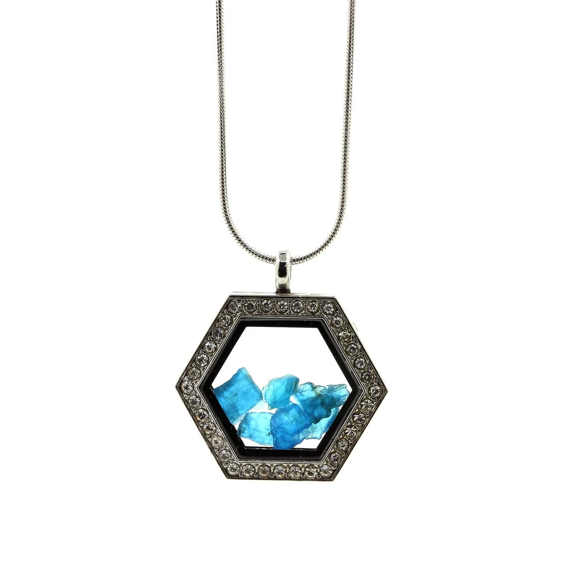 Collier Apatite bleu neon brut modèle Hexagone